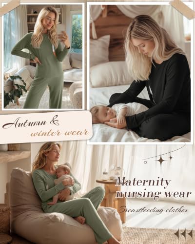 2 Pack Maternity Nursing Pajamas Postpartum Sets - color: Army Green, Black, size: XX-Large