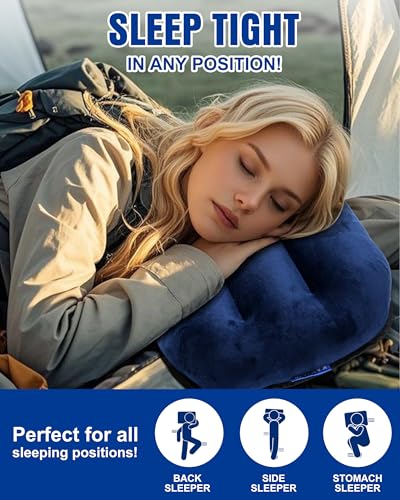 Inflatable Camping Pillow – Ultralight Compact Travel Pillow, Picnic-Blue - color: Blue