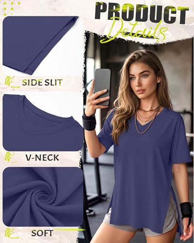 4 Pack Women's Oversized V Neck Shirts - color: Black, Green, Light Pink, Dark Blue, size: Small