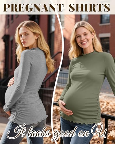 4 Pack Women Maternity Side Ruched Long Sleeve Shirts - color: Brown, White, Light Gray, Black, size: Large