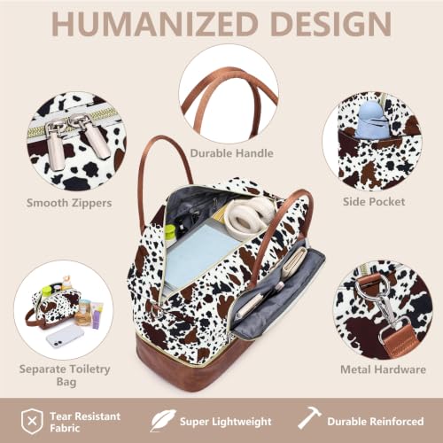 Large Women Travel Weekender Bag: Carry on Duffle with Shoe Compartment - color: Brown Cow Print