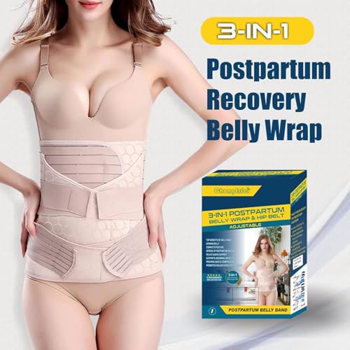 ChongErfei 3 in 1 Postpartum Belly Wrap Recovery Band Belt Abdominal Binder - color: Beige, size: Large
