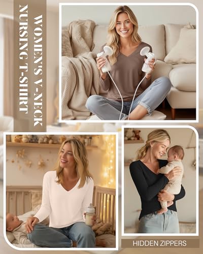 Huukeay 3 Pack Maternity Nursing Tops Breastfeeding Shirts - color: Black, Khaki, Cream, size: Medium