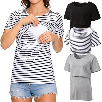 3 Pack Women's Nursing Tops, Breastfeeding Shirts Short Sleeve - color: Black/Light Grey/White Stripe, size: Large