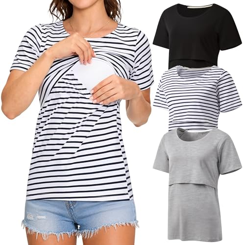 3 Pack Women's Nursing Tops, Breastfeeding Shirts Short Sleeve - color: Black/Light Grey/White Stripe, size: X-Large