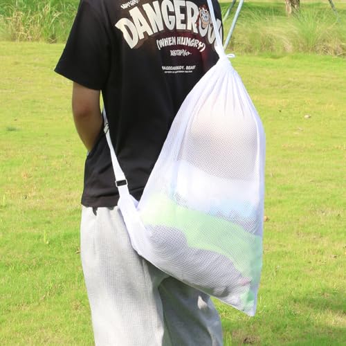 NATURAL STYLE Large Mesh Drawstring Backpack Bag, Gym Sports String Bag, Outdoor Workout Beach Swim Bag (White) - color: White