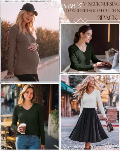 Huukeay 3 Pack Women's Long Sleeve Nursing Breastfeeding Shirts - color: Coffee, White, Army Green, size: X-Large
