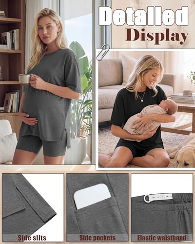 Huukeay 2 Pack Women Maternity Set Pregnancy Outfits - color: Dark Heather Gray, Black, size: Medium