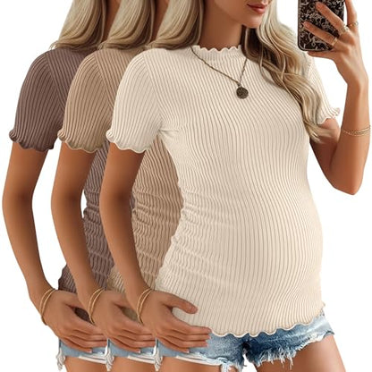 3 Pack Women's Ribbed Maternity Tops - color: Apricot, Khaki, Coffee, size: Medium