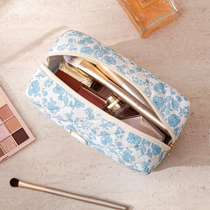 HBselect Personalized Makeup Bag for Women Initial Quilted Toiletry Bag - color: Blue Flower, size: N
