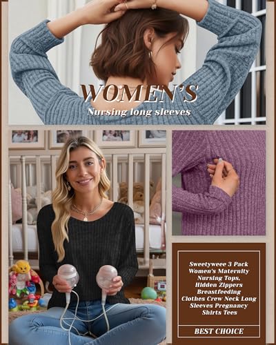 3 Pack Maternity Nursing Ribbed Long Sleeve Tops - color: Black, Blue, Fuchsia, size: Small
