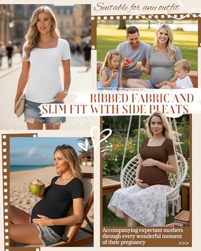 Huukeay 4 Pack Women's Short Sleeve Maternity Shirts - color: Black, Heather Gray, White, Brown, size: Large