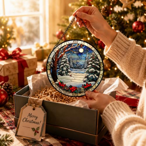 Cedar Snowscape Acrylic Suncatcher Faux Stained Glass Window Hanging 7.8" - color: White, size: 7.8X7.8 IN