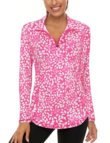 LURANEE Womens UPF 50+ Long Sleeve 1/4 Zip Pullover Athletic Hiking Running Workout Tops - color: White Leaf Pink, size: Small