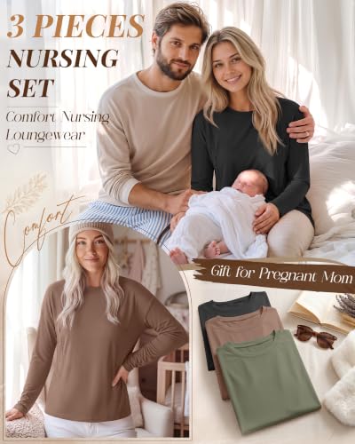 Riyiper 3 Pack Women's Nursing Shirts with Hidden Zippers - color: Army Green, Light Coffee, Black, size: Medium