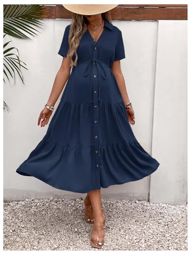 OYOANGLE Women's Maternity Button Belted Dress - color: Dark Blue, size: XX-Large