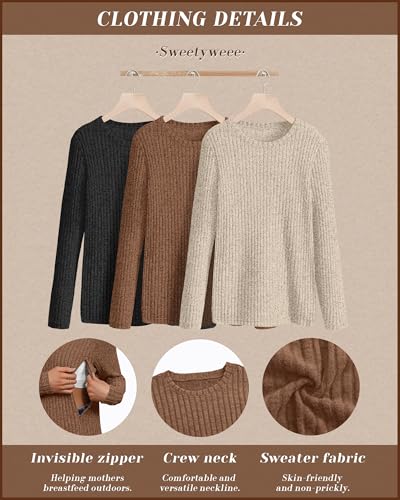3 Pack Maternity Nursing Ribbed Long Sleeve Tops - color: Black, Apricot, Brown, size: Small