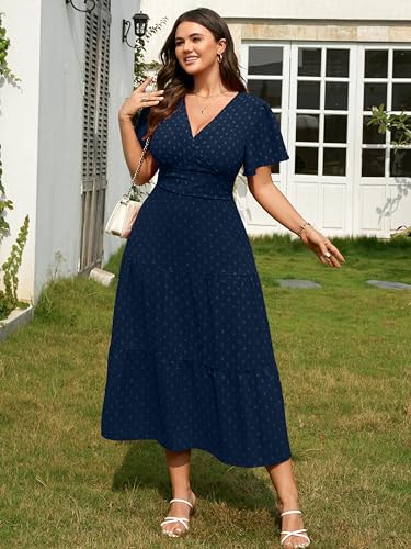 RWJ Women's Plus Size Wrap V Neck Summer Casual Holiday Wedding Maxi Dress - color: Navy Blue, size: Large Plus