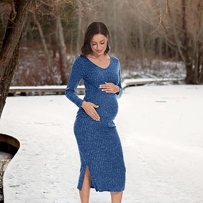 LAHILO Long Sleeve Maternity Sweater Dress for Fall Winter Baby Shower - color: Blue, size: Medium