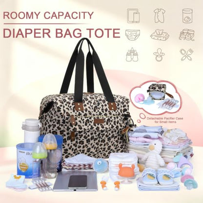 Pritent Diaper Bag Tote Waterproof Maternity Baby Bags with Pacifier Case - color: Leopard, size: Large
