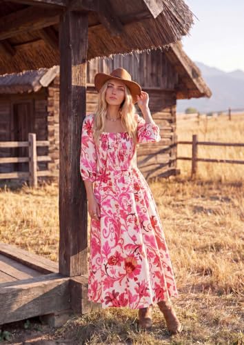 Kate Kasin Womens Summer Fall Boho Maxi Wedding Guest Dresses with Pockets - color: White and Rose Red Floral, size: Medium