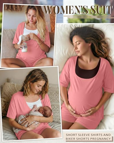 2 Piece Women Maternity Set Pregnancy Outfit - color: Light Pink, size: Large