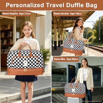 TIBES Gift for Her, Weekender Bag for Women Initial Travel Duffle Bag - color: Black & White Checkerboard, style: L