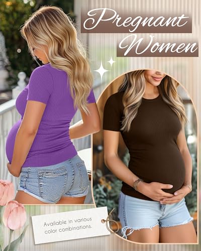 Ficerd 3 Pack Women's Short Sleeve Maternity Shirts - color: Purple, Coffee, Pink Green, size: Medium