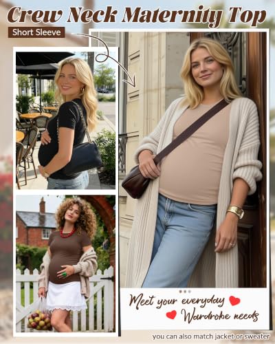 Huukeay 4 Pack Women's Short Sleeve Maternity Tops - color: Black, Khaki, Coffee, White, size: Large