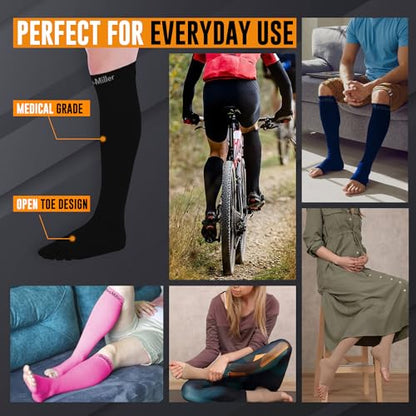 Doc Miller Open Toe Compression Socks 30-40 mmHg for Women & Men, 1 Pair - color: Black, size: Large Tall