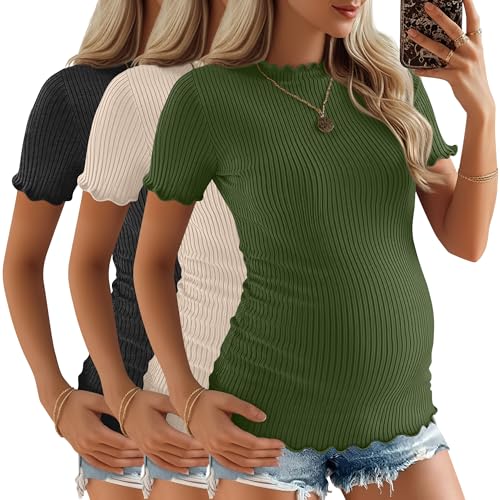 3 Pack Women's Ribbed Maternity Tops - color: Army Green, Beige, Mixed Black, size: Small