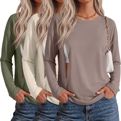 Riyiper 3 Pack Women's Nursing Shirts with Hidden Zippers - color: Oatmeal, Cream, Army Green, size: Large
