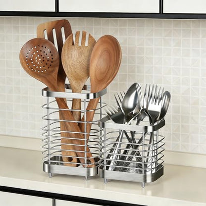 Utensil Holder, Stainless Steel Utensil Drying Rack for Kitchen Counter - color: Small+Large, Silver