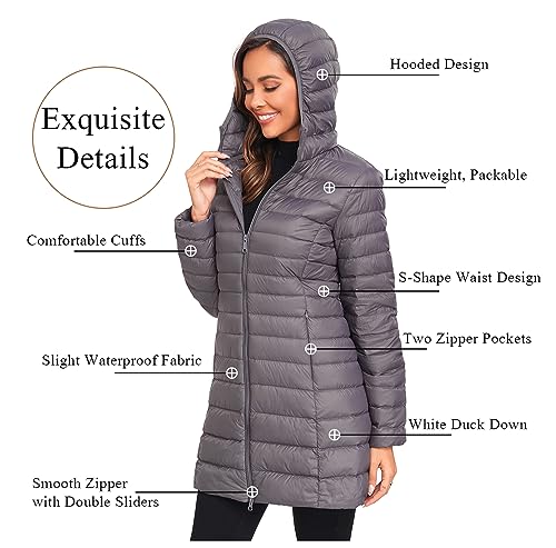 Obosoyo Women's Winter Packable Down Jacket Plus Size Ultralight Long Down Outerwear Puffer Jacket Hooded Coat - color: Darkgrey, size: Large