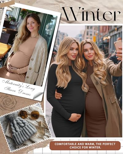 Riyiper 3 Pack Women's Long Sleeve Maternity Dresse - color: Khaki, Coffee, Black, size: XX-Large