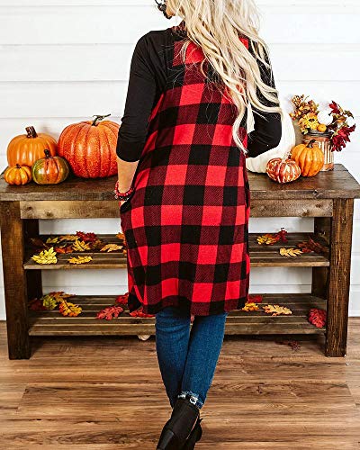 Ivay Womens Plaid Open Front Sweaters Sleeveless Duster Cardigans Drape Lightweight Vest Coat with Pockets - color: Red, size: Large