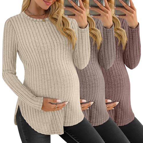 3 Pack Maternity Shirts Pregnancy Sweaters Tunic Tops - color: Apricot, Coffee, Brown, size: Small