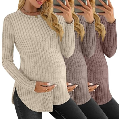 3 Pack Maternity Shirts Pregnancy Sweaters Tunic Tops - color: Apricot, Coffee, Brown, size: Medium