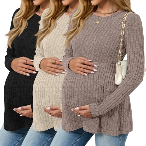 3 Pack Maternity Shirts Long Sleeve Ribbed Sweaters - color: Coffee, Apricot, Black, size: Medium