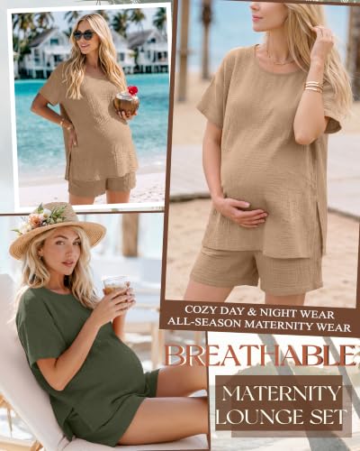 Riyiper 4 Pcs 100% Cotton Maternity Pajamas Sets - color: Khaki, Dark Green, size: X-Large