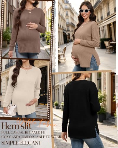 Xaatren 4 Pack Womens Maternity Long Sleeve Shirts Waffle Tops - color: Cream, Light Coffee, Coffee, Black, size: Small