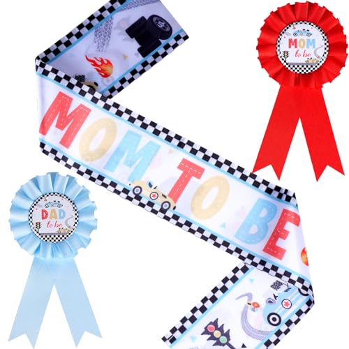 Vintage Racing Car Mom and Dad to Be Corsage Pin Set - Baby Shower Favors Include Race Maternity Sash for Pregnancy Photo Props and Photography