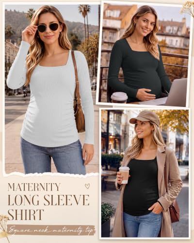 Huukeay 4 Pack Women's Maternity Shirts Ribbed Pregnancy Tops - color: Black, Dark Gray, Light Gray, White, size: Medium