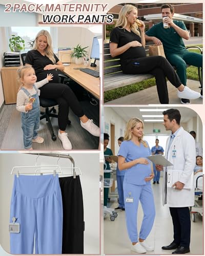 Oakgarden 2 Pack Women's Maternity Scrub Pants Pregnancy Scrubs - color: Black, Light Blue, size: X-Large