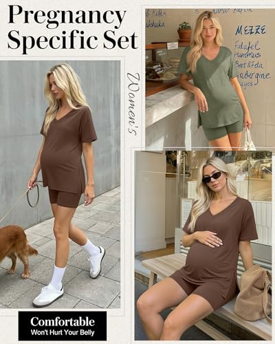 2 Pack Women Maternity Set Pregnancy Outfit - color: Gray Green, Coffee, size: Large