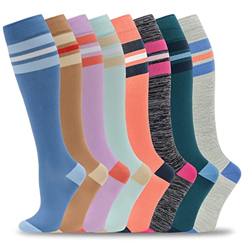 fenglaoda 8 Pairs Compression Socks for Men & Women 20-30 mmHg Knee High Nurse Pregnant Running Medical and Travel Athletic - color: 11-8 pairs, size: Large-X-Large