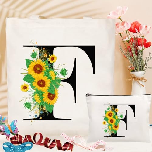 Andeiltech Initial Canvas Tote Bag Sunflower Letter Personalized Makeup Bag Monogrammed Gift for Bridesmaids Birthday Wedding - color: Sunflower Letter_f
