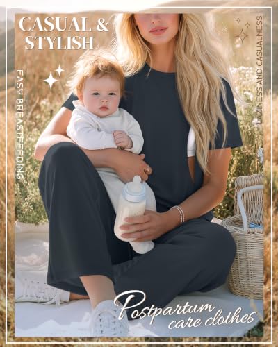 Ficerd 2 Pack Maternity Nursing Pajama Breastfeeding Sets Pjs - color: Dark Blue, Brown, size: XX-Large