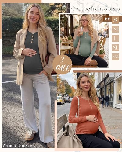 Oakgarden 3 Pack Womens Maternity Sweaters Henley Pregnancy Tops - color: Dark Gray, Bean Green, Caramel, size: Small