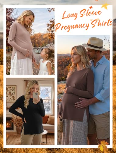 3 Pack Women Maternity Shirts Long Sleeve Pregnancy Tops with Thumb Hole - color: Black/Brown/Khaki, size: Medium
